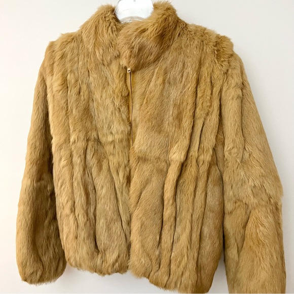 Vintage Caramel Genuine Rabbit Fur Bomber Coat - Picture 4 of 16